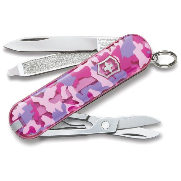 ectq8vz1ofb00b_0 jpg - Canivete Multifuncional 7 Funções em Aço Inoxidável, Victorinox Classic SD, Rosa Camuflado