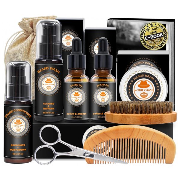 ectq9ybd1n870b_0 jpg - Kit para Barba Profissional Portátil com Cera e Pente, 8 Itens, XIKEZAN , Preto