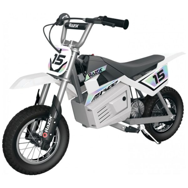 ectqb2wkrz470b_0 jpg - Moto Elétrica Motocross com Freios Manuais, Suporte Retrátil e Pinos de Metal Dobráveis, Idade 13 a 16 Anos, Razor MX400, Branca