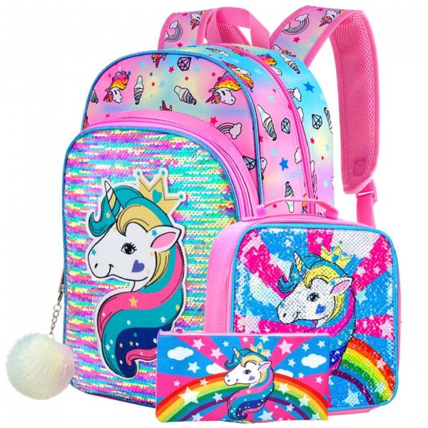 ectqb638h7380b_0 jpg - Mochila Escolar Infantil 40cm AGSDON Unicórnio 3 Peças com Lancheira, Rosa