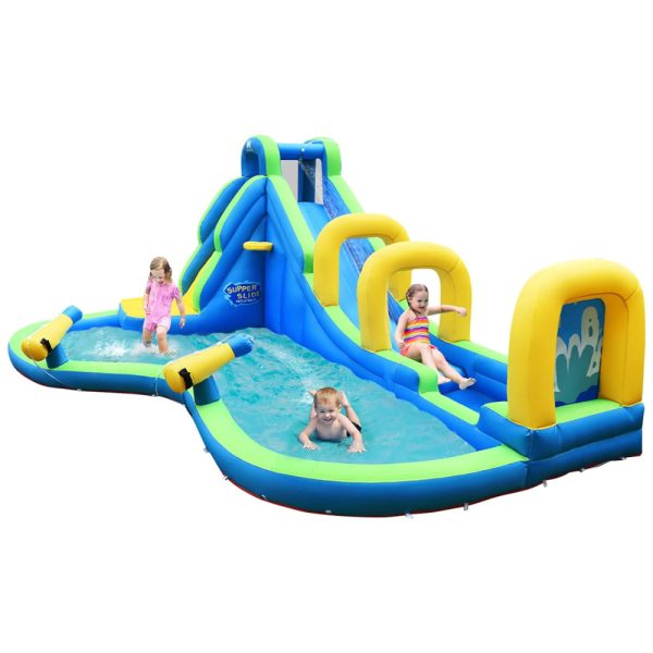 ectqcbtpyc980b_0 jpg - Parque Aquático Inflável até 120 kg com Escorregador Longo, Piscina de Respingos e Parede de Escalada para Crianças Acima de 3 Anos, BOUNTECH, Azul