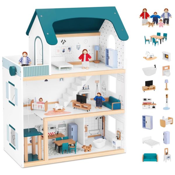 ectqdwy6kdjc0b_0 jpg - Casa de Bonecas de Madeira com Elevador, 21 Peças de Móveis, 4 Bonecas e 1 Animal de Estimação para Crianças de 3 a 12 Anos, TookyToy, Verde e Branco