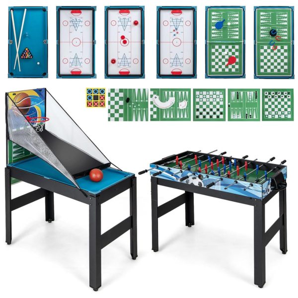 ectqgnx99yrc0b_0 jpg - Mesa de Jogos 14 em 1 para Diversão em Casa com Pebolim, Hóquei, Basquete, Pingue Pongue, Sinuca, Xadrez, Boliche, Damas e Shuffleboard, Giantex, Preta e Azul