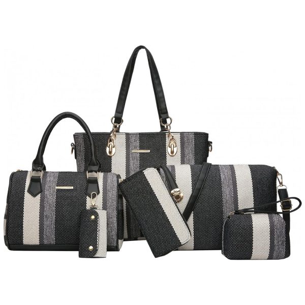 ectqk98qmp990b_0 jpg - Conjunto de Bolsas Femininas 6 Peças com Carteira, 2E youth, Preto Listrado