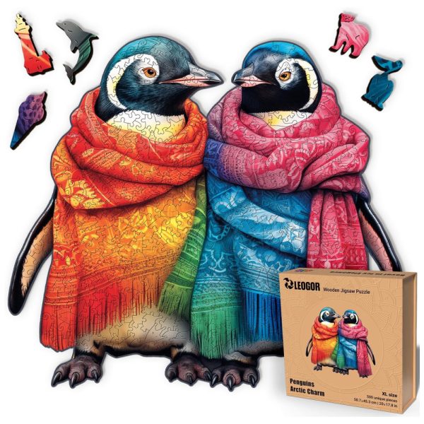 ectqm994ztnc0b_0 jpg - Quebra Cabeças em Madeira MDF para Adultos, Tema Casal de Pinguins com 500 Peças, LEOGOR, Colorido