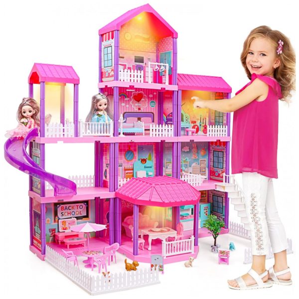 ectqmspy3hc90b_0 jpg - Doll House Casa de Bonecas de Madeira com 2 Princesas 4 Andares 11 Quartos e Luzes para Crianças a partir de 4 anos, BEEFUNNI, Rosa