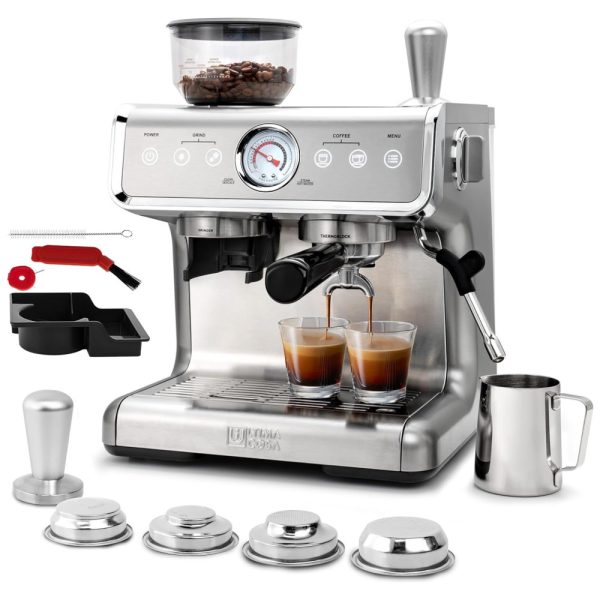 ectqndghpypc0b_0 jpg - Máquina de Café Expresso 15 Bar com Moedor Embutido e Bocal de Leite, 110V 1450W, Laekerrt, Prata