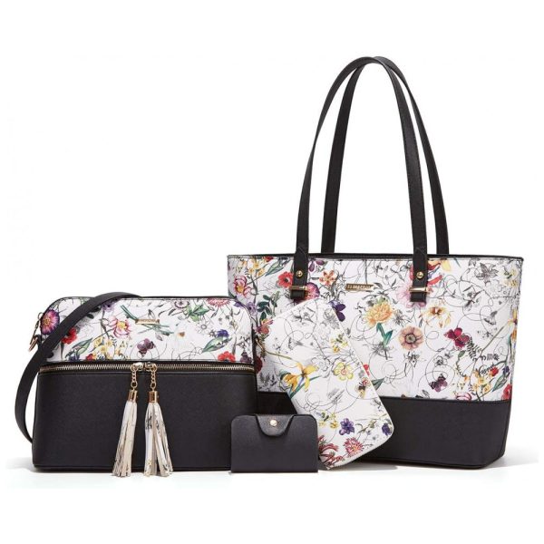 ectqnlj12th80b_0 jpg - Conjunto de Bolsas Femininas em Couro Sintético 4 Peças com Carteira, Lovematch, Preto e Branco Florido