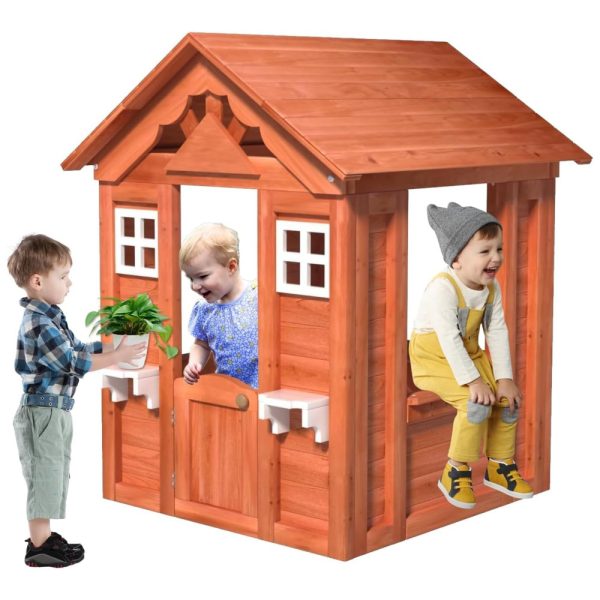 ectqphc3tp9d0b_0 jpg - Casinha Infantil de Madeira para Área Externa com Janelas, Porta de Entrada Estilo Country e Suportes para Vasos de Flores, CUANBOZAM, Marrom