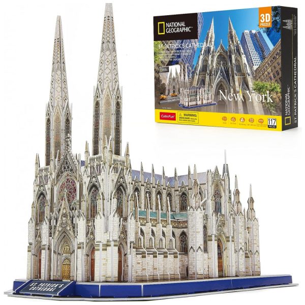 ectqr2cxr2890b_0 jpg - Quebra Cabeças 3D Arquitetura Catedral de São Patricío para Crianças e Adultos, 117 Peças, CUBICFUN, Branco