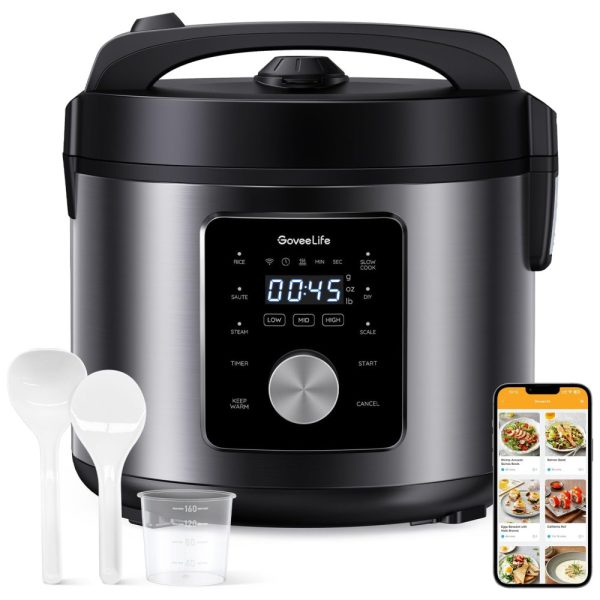 ectqstl82m3c0b_0 jpg - Panela de Arroz Elétrica Multiuso 6 em 1, 4,9L com Vaporizador e APP de Receitas, 110V 1000W, GoveeLife, Prata