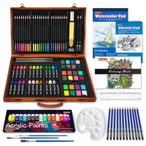 ectqtp72yww70b_0 jpg - Kit Lápis de Cor Profissional com Maleta de Madeira 118 peças Tintas Acrílicas, Aquarela, SHUTTLE ART SA ARTSET, Marrom