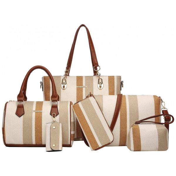 ectqttlgnp990b_0 jpg - Conjunto de Bolsas Femininas 6 Peças com Carteira, 2E youth, Cáqui Listrado