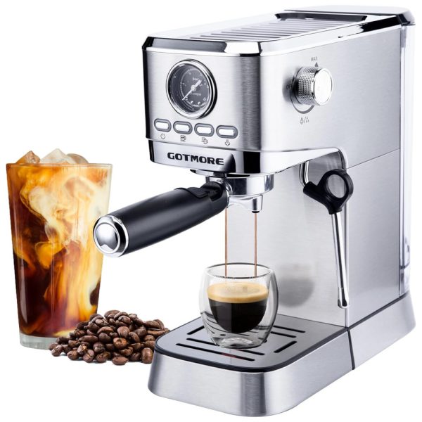 ectqwtl3ppyc0b_0 jpg - Máquina de Café Expresso com Bocal de Leite e Tanque de Água Removível de 975mL, 110V 1300W, GOTMORE, Prata