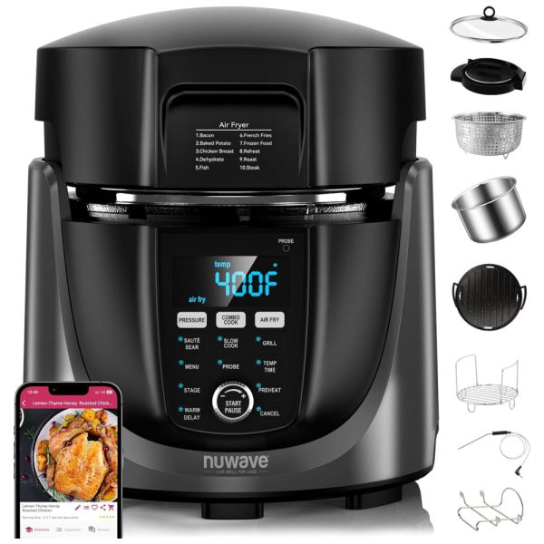 ectqwxg1dkkc0b_0 jpg - Fritadeira Elétrica Air Fryer e Panela de Pressão 450 em 1, 5,6 Litros com Sonda de Temperatura Digital e Tecnologia de Segurança Sure Lock, 110V 1500W, Nuwave, Preto