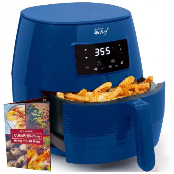 ectqy7qyppq80b_0 jpg - Fritadeira Elétrica 5L de Capacidade com Acessórios e Livro de Receitas, 1400W, 110V, DECO CHEF DCDAIR05BLU, Azul