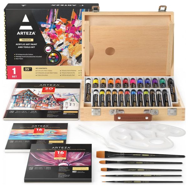 ectq7ptphvg90b_0 jpg - Kit de Tinta Acrílica Profissional com Maleta de Madeira, 35 Peças, ARTEZA