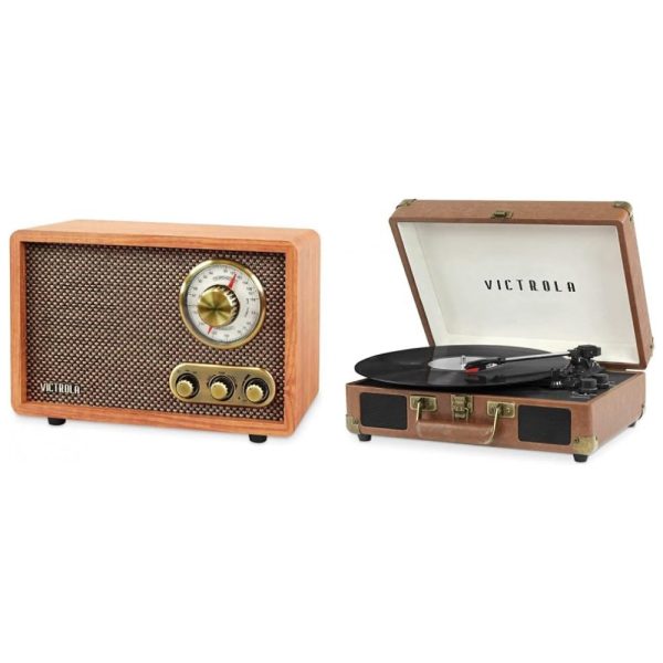 ectq8sy8fmq90b_0 jpg - Toca Discos Portátil Bluetooth de 3 Velocidades e Rádio AM PM Retro com Alto Falantes Embutidos, Victorla, Marrom