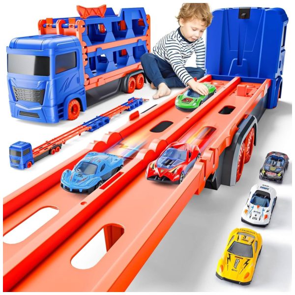 ectqdzyzttrc0b_0 jpg - Caminhão de Transporte 2 em 1 Vira Pista de Corrida de 1,65m, Inclui 6 Mini Carros para Crianças de 2 a 4 Anos, Kiddiworld