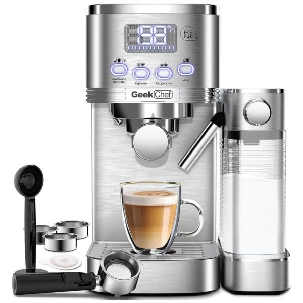 ectqfxgcz7hc0b_0 jpg - Máquina de Café Expresso com Vaporizador de Leite Automático e Tanque de Água Removível 1,8L, 110V 1350W, Geek Chef, Prata