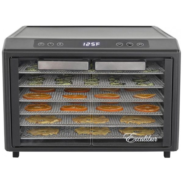 ectqkpc6vb8c0b_0-1 jpg - Desidratador de Alimentos em Aço Inoxidável com Controle de Temperatura Ajustável, 6 Bandejas Cromadas e Portas Francesas de Vidro, 700W, Excalibur, Preto