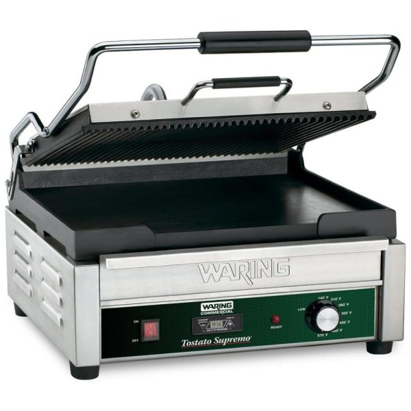 ectqoqwkcce00b_0-1 jpg - Grill Elétrico com Bandeja Coletora Removível, Temporizador e Plugue de 5 a 15 Fases , 110V 1800W, Waring WDG250T, Prata