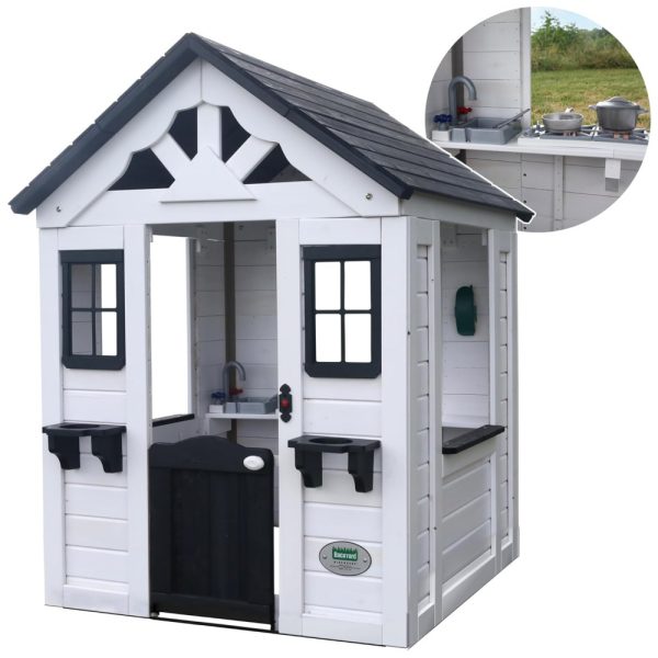 ectqrkwzkygb0b_0 jpg - Casinha Infantil de Madeira para Área Externa com Porta Estilo Country, Campainha e Suportes para Vasos de Flores, Backyard Discovery 2303010, Branco