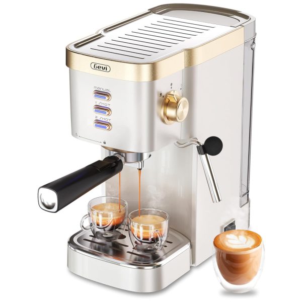 ectqvydqxnwc0b_0 jpg - Máquina de Café Expresso 20 Bar com Vaporizador de Leite, 3 Funções e Tanque de Água Removível 1,2L, 110V 1350W, Gevi GECME022 U, Branco e Dourada