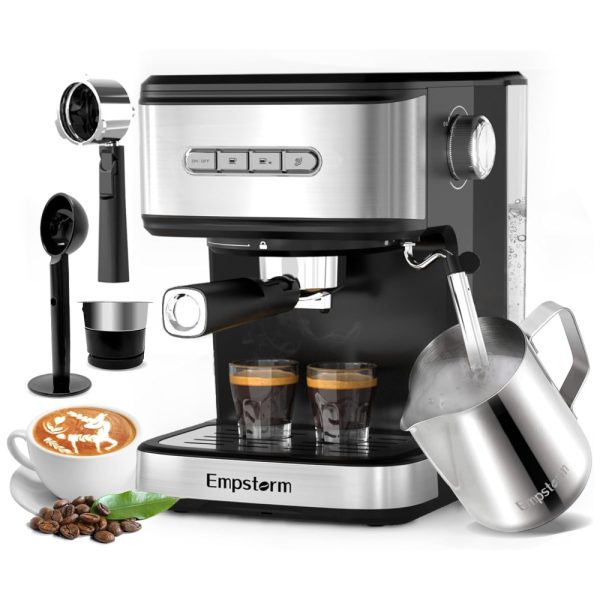 ectqwj37dcxb0b_0 jpg - Máquina de Café Expresso Profissional 20 Bar com Bocal de Leite, Função Desligamento Automático e Tanque de Água Removível de 1,4L, 110V 850W, Empstorm, Preta