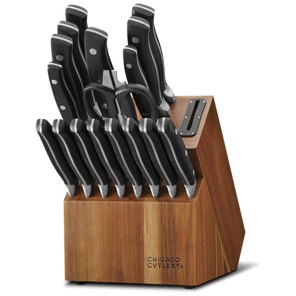 ectqyndnkmy80b_0 jpg - Conjunto de Facas com Bloco de Bancada, Afiador Embutido e Cabo Ergonômico, 18 Peças, Chicago Cutlery, Preto