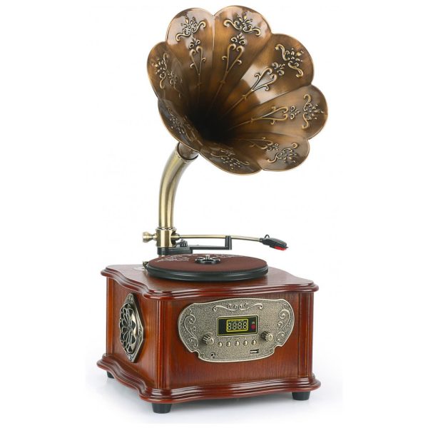 ectqzqmcq3d80b_0 jpg - Vintage clássico fonógrafo retrô gramofone toca discos de vinil toca discos Bluetooth 4.2, 3, Aux in, USB, FM rádio com chifre de cobre bronze, N, C, Marrom