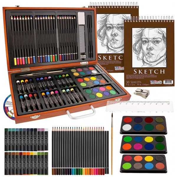 ectqgx7tb0i10b_0 jpg - U.S. Kit de Pintura Profissional com Malete de Madeira, 82 Peças, US ART SUPPLY FBA82 SKETCH, Marrom