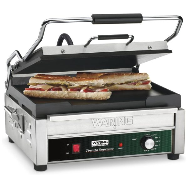 ectqq7ykcce00b_0 jpg - Grill Elétrico com Bandeja Coletora Removível, Temporizador e Plugue de 5 a 15 Fases, 110V 1800W, Waring WFG275T, Prata