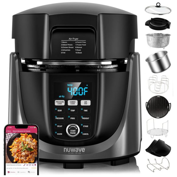 ectqs5wvkkkc0b_0 jpg - Fritadeira Elétrica Air Fryer e Panela de Pressão 540 em 1, 5,6L com 3 Tampas Removíveis, Tecnologia de Segurança Sure Lock e 10 Acessórios, 110V 1500W, Nuwave, Preto