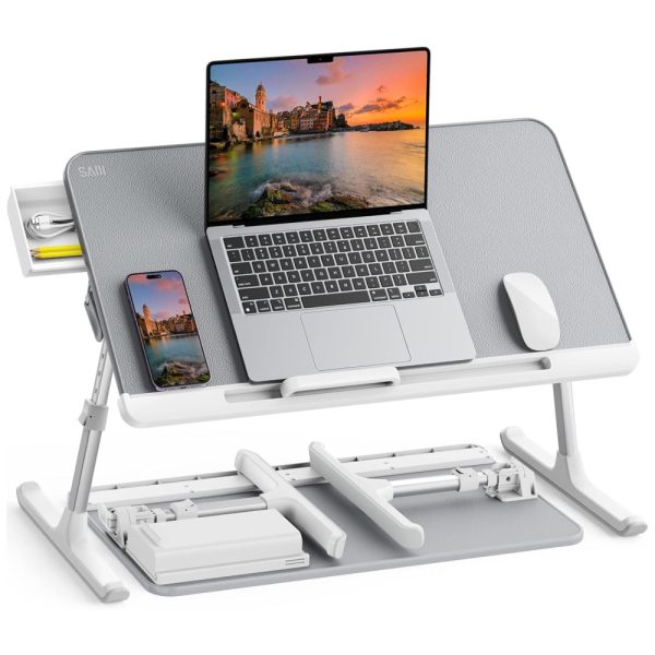 ectqxzs2wy280b_0 jpg - Mesa cama para laptop, ajustável, portátil de pé com gaveta de zenamento, dobrável para tablet cinza, SAIJI K7M G, Branco