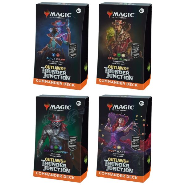 ectq1pb3xktc0b_0 jpg - Magic The Gathering Outlaws of Thunder Junction Decks de Comandante Inclui todos os 4 Decks Quick Draw, Desert Bloom, Grand Larceny e Most Wanted