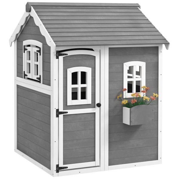 ectq659byhxc0b_0 jpg - Casinha Infantil de Madeira para Área Externa com Piso, Porta, Janelas e Suporte para Vaso de Flor para Crianças de 3 a 8 Anos, Outsunny, Cinza