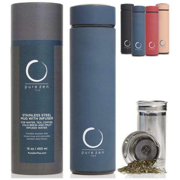 ectq6d1p6ct70b_0 jpg - Garrafa Térmica para Água 440mL em Aço Inoxidável com Infusor para Bebidas Quentes, Pure Zen Tea, Azul