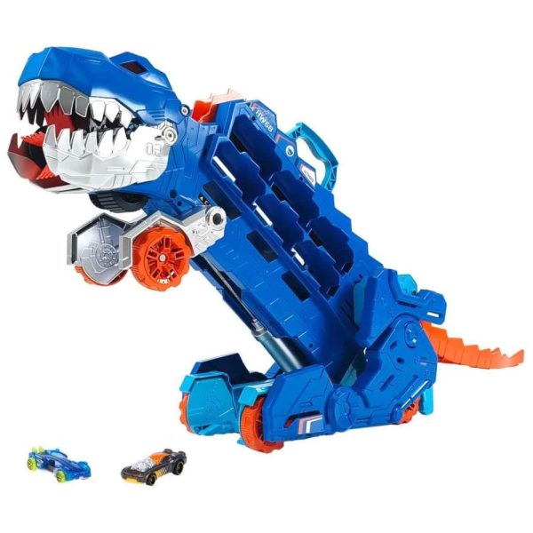 ectq7bcg51nb0b_0 jpg - Transportador T Rex para até 20 Carros com Pista de Corrida, Luzes e Sons, Escala 1 64, Hot Wheels