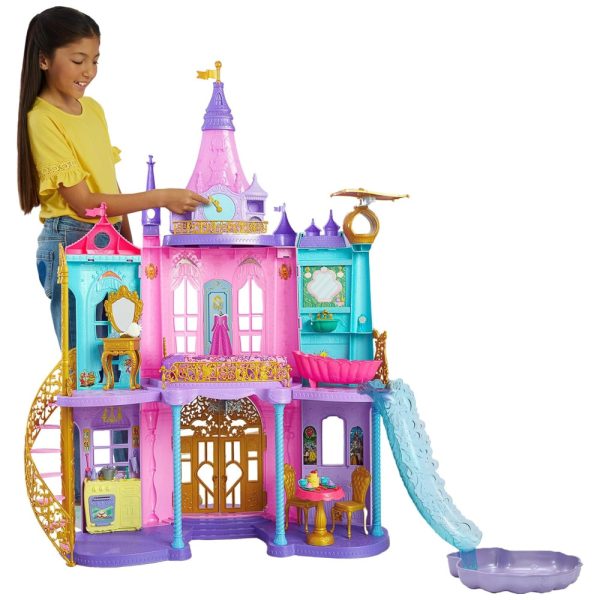 ectqs3qhsjlb0b_0 jpg - Castelo de Princesas com Luzes e Sons, 3 Níveis e 25 Peças de Mobiliário e Acessórios, Mattel Disney, Rosa.