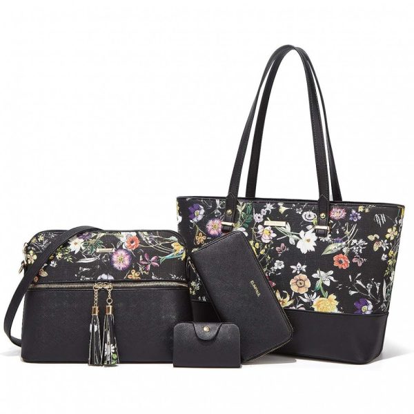 ectqssbf1j580b_0-1 jpg - YTL Conjunto de Bolsas Femininas de Ombro com Alça Superior, 4 Unidades, Preta Florida