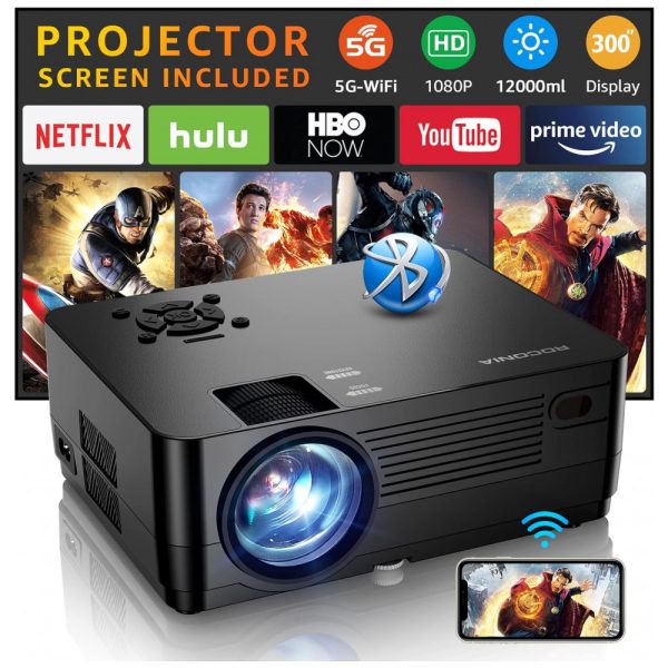 ectqx2ydljf90b_0 jpg - Mini Projetor 1080P 4K 9000 Lumns com Wi Fi 5G Compatível com Celulares, Tv, PS4, Projeta até 300 Polegadas, ROCONIA, Preto