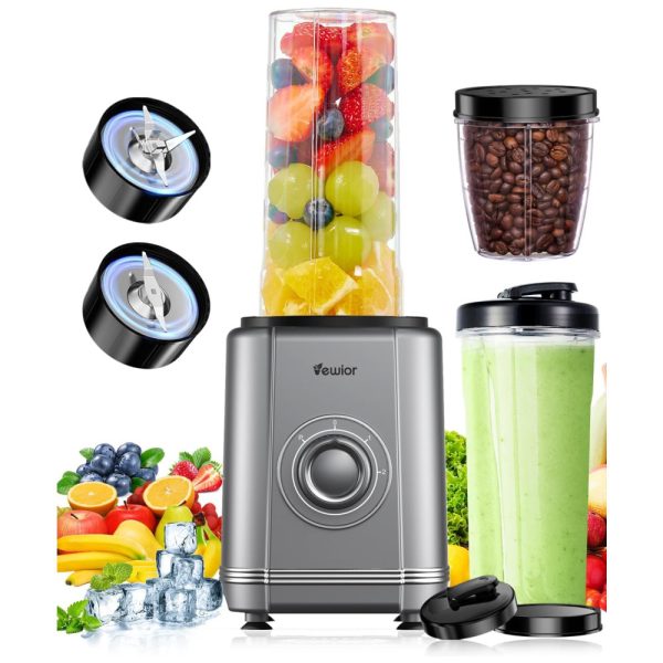 ectq68mcvqlc0b_0 jpg - Liquidificador para Shakes e Smoothies 500mL com Acessórios, 6 Lâminas e 3 Velocidades, 1200W, VEWIOR, Cinza