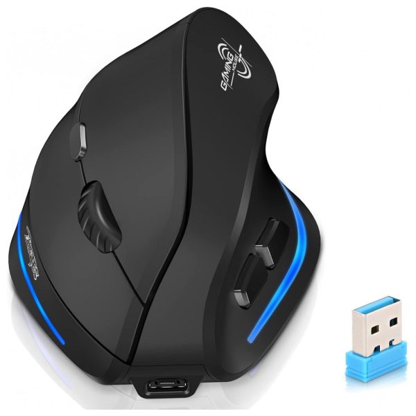 ectq6wt9p6m70b_0 jpg - Mouse Ergonômico Vertical Óptico sem Fio Reduz a Tensão do Pulso Multifunções com LED, 1000, 2400 DPI 6 Botões, ECHTPOWER, Preto