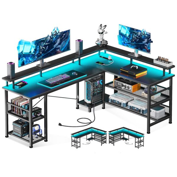 ectqg26868yb0b_0-2 jpg - Mesa Gamer em Formato de L, 59 150cm em Fibra de Carbono com Prateleiras de Armazenamento, Suporte para Monitor, Tomadas e Luz LED, 110V, ODK, Preto