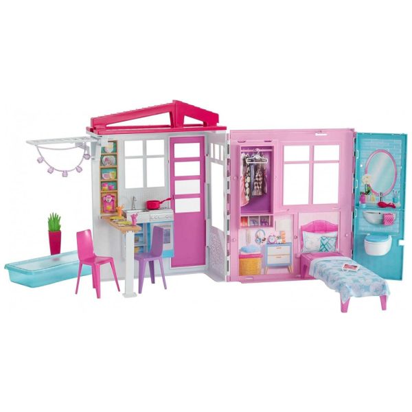 ectqj5r989p70b_0 jpg - Casa de Bonecas Barbie Portátil com Alça de Transporte e Acessórios, Cozinha, Quarto, Banheiro e Piscina no Pátio