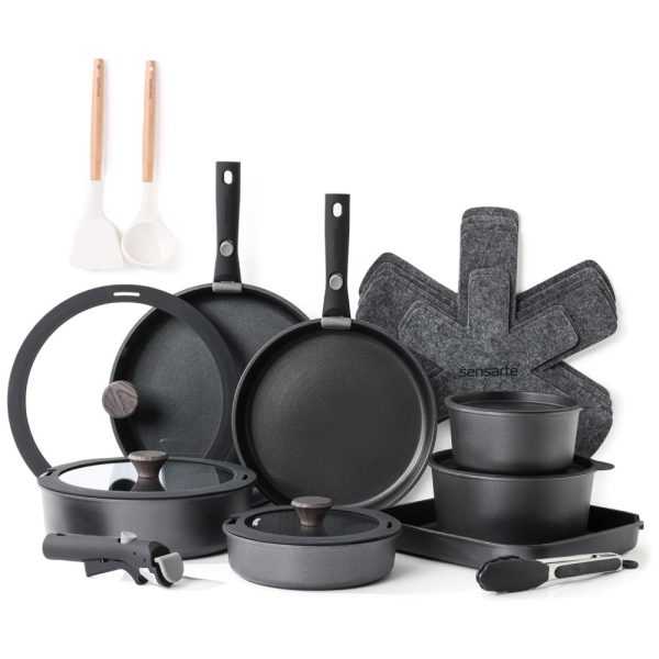 ectqktnmzg4d0b_0-1 jpg - Jogo de Panelas e Frigideiras Antiaderentes, Material em Aço Inoxidável com 24 Peças, Cabo Removível e Utensílios de Cozinha, SENSARTE, Preto