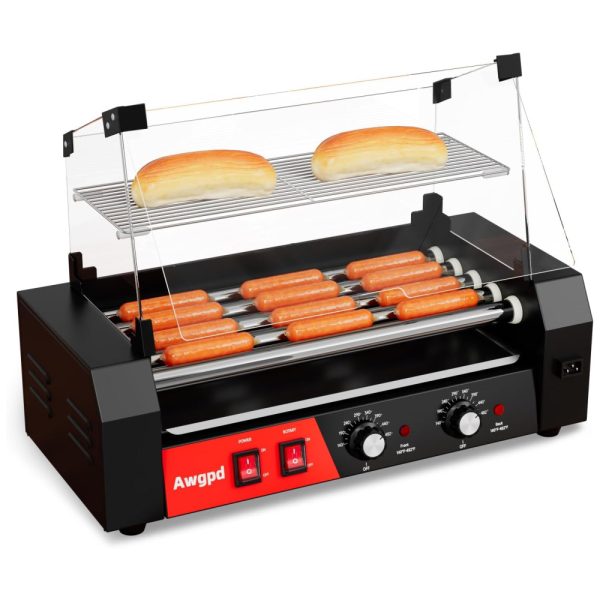 ectqmwll81kd0b_0-1 jpg - Máquina de Salsicha e Hot Dog Awgpd Grill, 5 rolos, capacidade para 12 hot dogs, 750W, controle de temperatura duplo, tampa de vidro, prateleira