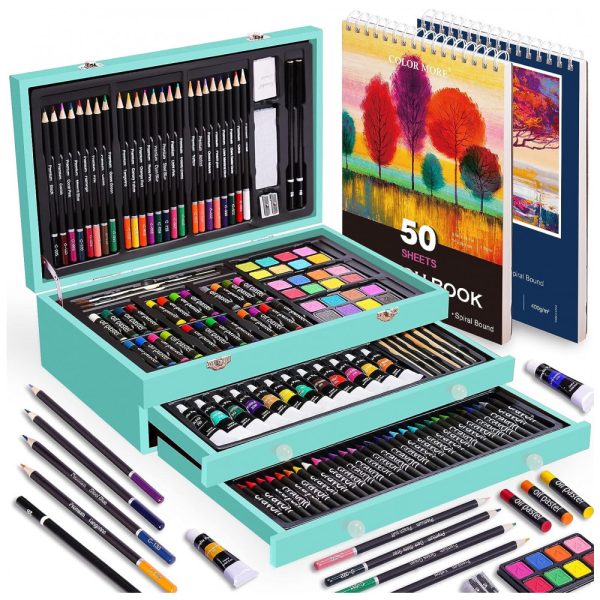 ectqn37gkvnb0b_0 jpg - Kit Lápis de Cor Profissional com Maleta de Madeira 175 Peças e Tintas Acrílicas, Aquarela, Color More, Azul
