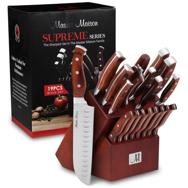 ectqpshxtlm70b_0-1 jpg - Conjunto de Facas em Aço Inoxidável com Afiador Embutido e Bloco de Bancada Peças, MASTER MAISON 19 Piece Premium Knife Set w, Block, Marrom